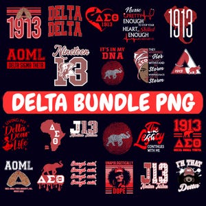 May include: A collection of red and white Delta Sigma Theta graphics on a black background. Designs include the numbers 1913, elephants, hearts, and the words "Delta Bundle PNG".