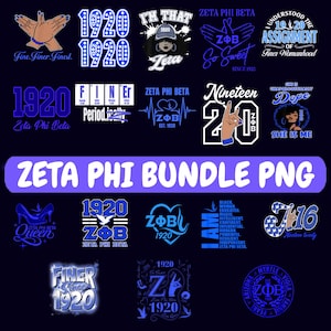 May include: A collection of blue and white Zeta Phi Beta PNG graphics. The designs include text such as "1920", "Zeta Phi Beta", and "Fine. Finer. Finest.", along with various illustrations and phrases.