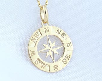 Zierliche 14k Solid Gold Kompass Halskette, North Star Kompass Anhänger, Kompass Anhänger für Kette, Reisende Halskette, Flugbegleiter Halskette
