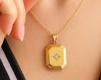 Collar con medallón de Estrella del Norte / Colgante con foto grabable de oro macizo de 14 quilates / Regalo de joyería de recuerdo personalizado