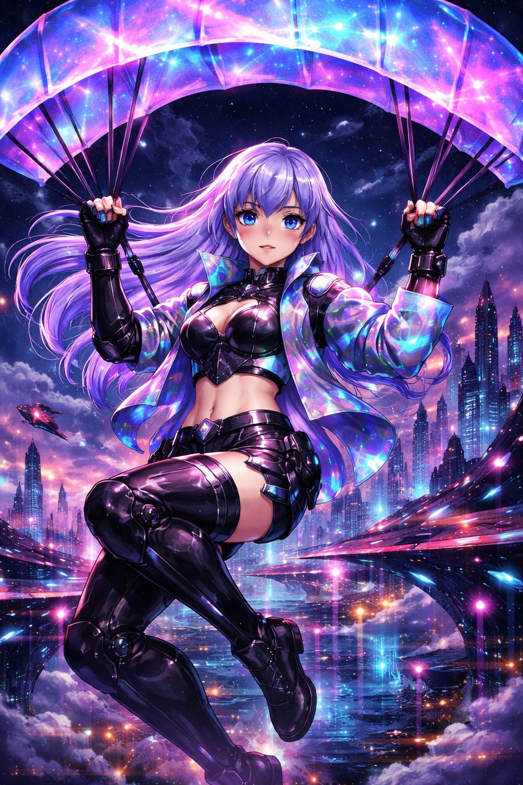 Futuristic Cyberpunk Anime Girl Poster, Neon City Reflection Glasses ...