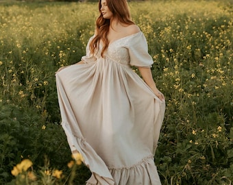 Boho Wedding Maternity dress for photoshoot, White Bohemian Pregnancy Bridal dress for baby shower, Rustic Maternity Dress