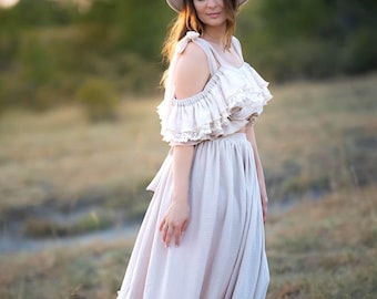 2 Piece Dress Set For Boho Maternity Photoshoot by Eden Art Dresses, Maxi Ruffle Baby Shower Dress Spring Style Floral Bohemian Dress
