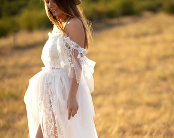2 Piece Dress Set For Boho Maternity Photoshoot by Eden Art Dresses, Tulle Ruffle Baby Shower Dress Wedding Style Floral Bohemian Dress