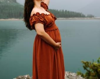 Boho Maternity Dress for Photoshoot, Rust Cotton Gauze Pregnancy Gown, Photographer Client Closet Dress, Goddess Bohemian Dress for Fall