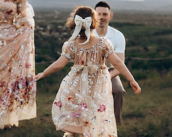 Tulle girl Dress for photoshoot, Floral Boho Baby Girl Outfit Summer Baptism Dresses for Kids, Christening Girls Dress