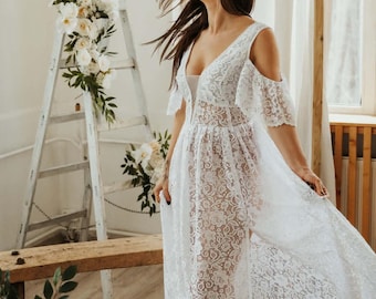 White Wedding Dress, Lace Bridal dress for Photo shoot, Maternity gown for Photoshoot, Pregnancy wedding in size S-M