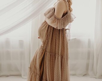 Vestido de tule estilo boho para gestante, ideal para ensaio fotográfico, vestido de tule para chá de bebê para gestantes plus size.