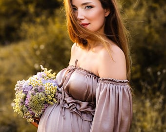 2 Piece Silk Dress Set For Boho Maternity Photoshoot by Eden Art Dresses, Long Flying Romantic Baby Shower Dress Summer Style,Bohemian Dress