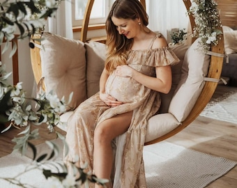 Floral Maternity Dress For Photo Shoot, Plus Size Boho Photoshoot Dress,Off the Shoulder Dress, Cottagecore Pregnancy Dress,Eden Art Dresses