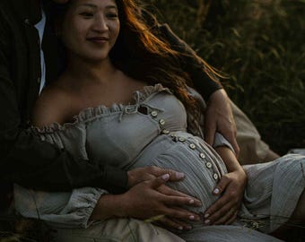 Boho Maternity dress for photoshoot, Bohemian Pregnancy dress for baby shower, Bridgerton style dress, Rustic Maternity Dress, Outdoor photo
