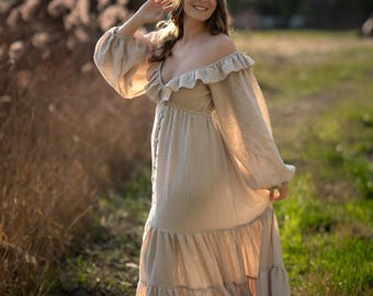 Boho Cottagecore Dress, Wedding Guest Dress, Spring Style, Photoshoot Outfit, Pregnancy gown Baby Shower Maxi dress for Beach wedding