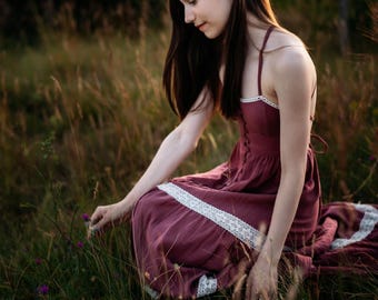 Girl's boho dress for photoshoot with bow, Birthday dress for Baby girl, Vintage Dresses Bohemian Natural Clothing,Kids Little Retro Fashion