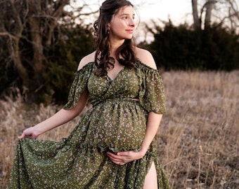 Bohemian Womens Flowy Dress for Family Photoshoot, Chiffon Vintage style Maternity, Pregnancy Photo Props by Eden