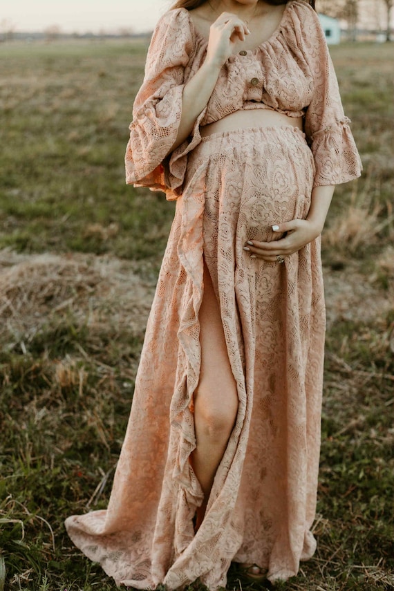 chinese dress ladies Momyknows Brown Lace Patchwork Ruched Cowl Neck Mermaid Maternity Maxi Dress