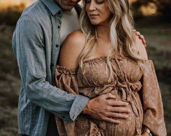 Summer Style 2 Piece, Beachy Maternity Dress for Photoshoot, Floral Boho Dress, Baby Shower Dress For Family Photo, Photography Gown