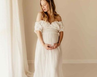 Vestido de novia blanco de maternidad para sesión de fotos, vestido bohemio de embarazo para baby shower, sesión de fotos de novia, vestido de renovación de votos, vestido de baby shower