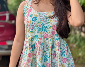 Hand Block Printed Cotton Peplum Blouse | Floral Boho Sleeveless Top