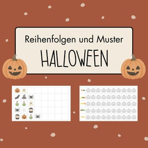 Puede incluir: Una hoja de trabajo con temática de Halloween con el texto "Reihenfolgen und Muster HALLOWEEN". La imagen presenta dos calabazas de Halloween y dos cuadrículas con ilustraciones y patrones de Halloween, sobre un fondo marrón con puntos blancos.