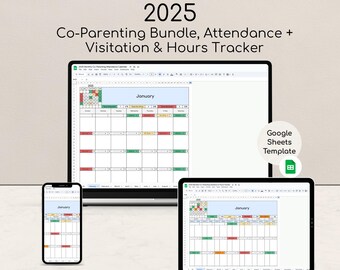 Peut inclure: Un ensemble numérique de co-parentalité pour 2025, affiché sur un ordinateur portable, une tablette et un smartphone. Les écrans montrent un modèle de calendrier avec des sections à code couleur pour la présence, les visites et le suivi des heures. Le texte comprend "2025 Co-Parenting Bundle" et "Janvier".