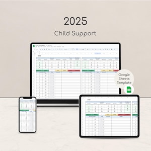 Pode incluir: Uma exibição digital de um modelo de planilha de pensão alimentícia de 2025 em um laptop, tablet e smartphone. A planilha é exibida em um formato de grade com colunas para datas, valores e notas. As palavras "Google Sheets Template" também são visíveis.