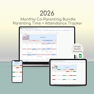 以下が含まれることがあります： ラップトップ、タブレット、スマートフォンに表示された、2026年の月間共同育児バンドル。画面には1月のカレンダーテンプレートが表示されます。「Google Sheets Template」の文字も表示されています。