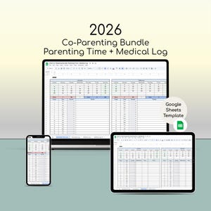 Könnte beinhalten: Ein digitales Co-Parenting-Bundle für 2026, angezeigt auf einem Laptop, Tablet und Smartphone. Die Bildschirme zeigen eine Kalender- und medizinische Logbuchvorlage. Der Text auf dem Bild lautet "2026 Co-Parenting Bundle Parenting Time + Medical Log".