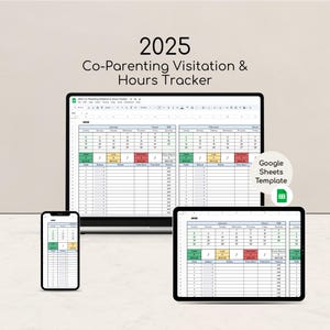 Op de afbeelding: Een digitale co-ouderschapsbezoek- en uren-tracker voor 2025, weergegeven op een tablet, smartphone en laptop. De spreadsheet sjabloon is in Google Sheets-formaat, met een groen, rood en geel kleurenschema.