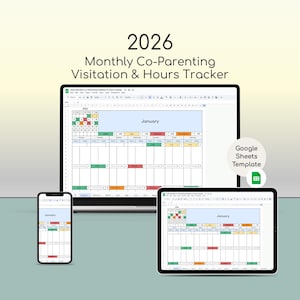 Puede incluir: Un rastreador digital de visitas y horas de crianza compartida para 2026, mostrado en un portátil, una tableta y un smartphone. La plantilla de hoja de cálculo muestra un diseño de calendario mensual con secciones codificadas por colores. El texto "Enero" es visible.