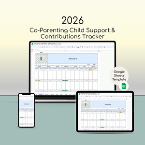 Peut inclure: Modèle numérique pour le suivi des contributions et de la pension alimentaire parentale de 2026, affiché sur un ordinateur portable, une tablette et un smartphone. Le modèle affiche une mise en page de calendrier pour janvier.