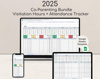 Peut inclure: Un ensemble numérique de coparentalité pour 2025, comprenant un suivi des heures de visite et de présence. L'image montre le modèle sur un ordinateur portable, une tablette et un smartphone, avec une icône de modèle Google Sheets.
