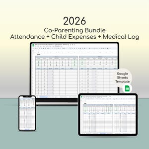 Op de afbeelding: Een digitale co-ouderschap bundel voor 2026, weergegeven op een laptop, tablet en smartphone. De bundel bevat sjablonen voor aanwezigheid, kinderkosten en medische logboeken. De Google Sheets-sjabloon is zichtbaar.