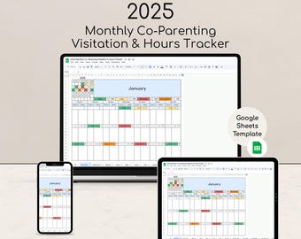 Peut inclure: Un suivi numérique mensuel 2025 de la garde partagée et du suivi des heures affiché sur un ordinateur portable, une tablette et un smartphone. La feuille de calcul montre une mise en page de calendrier pour janvier avec des entrées codées par couleur. Le modèle Google Sheets est visible.
