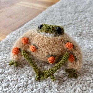 Könnte beinhalten: Eine gehäkelte Froschfigur mit einem flauschigen beigen Körper, kleinen orangefarbenen strukturierten Noppen und dunkelgrünen Gliedmaßen. Der Frosch hat große schwarze Kunststoffaugen und einen strukturierten grünen Kopf aus weichem Garn.