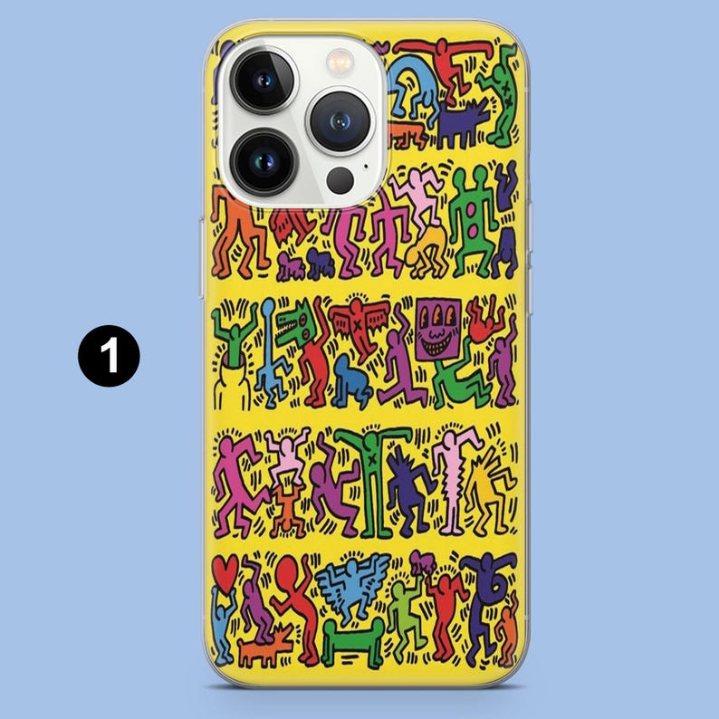 May include: Yellow phone case with a vibrant, abstract pattern of figures in red, orange, green, purple, and blue. The case has a clear border and a camera cutout. The number "1" is visible in the upper left corner.