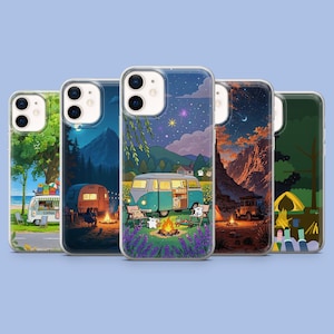 May include: Five phone cases featuring camping scenes. Designs include camper vans, campfires, and mountain landscapes in different colour schemes. Each case has a clear border.
