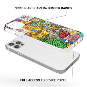 May include: A transparent phone case with a vibrant pop art design, showcasing diverse figures and shapes. The case rests on a silver phone. Text on the image reads "SCREEN AND CAMERA BUMPER RAISED" and "FULL ACCESS TO DEVICE PORTS."