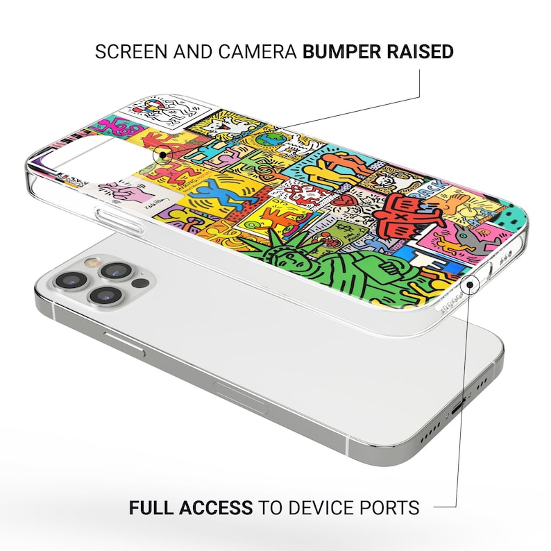 May include: A transparent phone case with a vibrant pop art design, showcasing diverse figures and shapes. The case rests on a silver phone. Text on the image reads "SCREEN AND CAMERA BUMPER RAISED" and "FULL ACCESS TO DEVICE PORTS."
