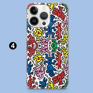 May include: A phone case with a vibrant, abstract pattern of repeating figures in red, yellow, blue, green, and pink on a white backdrop. The case has a clear edge and the number "4" is visible in the corner.
