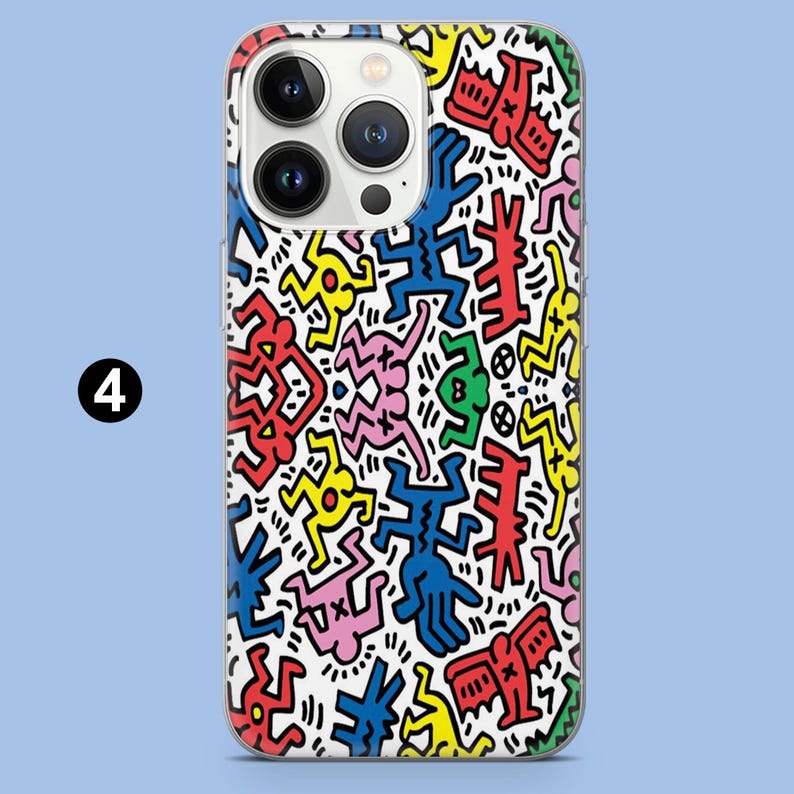 May include: A phone case with a vibrant, abstract pattern of repeating figures in red, yellow, blue, green, and pink on a white backdrop. The case has a clear edge and the number "4" is visible in the corner.