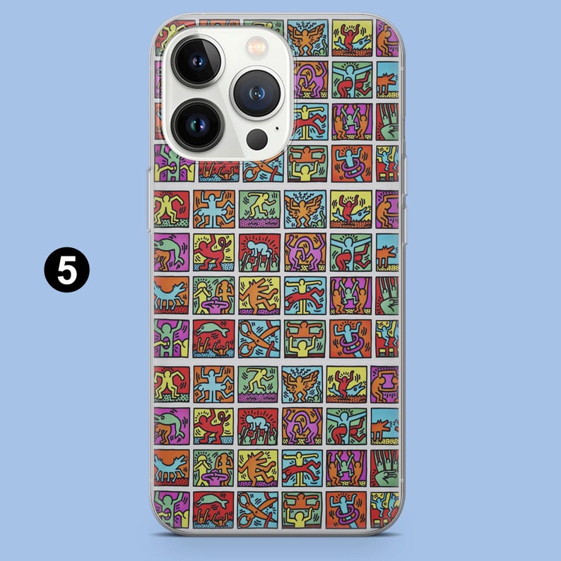 May include: A clear phone case with a repeating pattern of colourful abstract figures and shapes in a grid. The design includes red, yellow, green, blue, and orange elements. The number "5" is visible on the left side of the case.