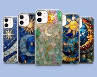 Celestial Stained Glass Phone Case Moon Sun Cover for iPhone 16 Pro, 15, 14, 13, 12, Samsung S25, S24FE, S23, S22, A16, A55, A25, Pixel 9