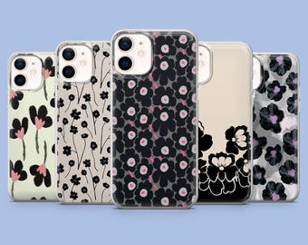 Funda negra con estampado floral de Marimekko para iPhone 17Pro, 16, 15, 14, 13, 12, Samsung S26, S25, S24, S23Fe, A16, A56, Pixel 10, 9Pro