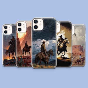 May include: A collection of five phone cases featuring illustrations of cowboys on horseback. Each case showcases a different scene, with varying backgrounds of sunsets, mountains, and stormy skies. The artwork has a vintage, artistic style, with a focus on the rugged cowboy theme.