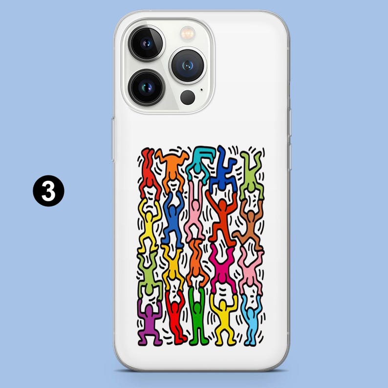 May include: White phone case with a vibrant graphic of stylized human figures in different poses. The figures are in a range of colours, including red, yellow, green, and blue. The number "3" is on the upper left corner.