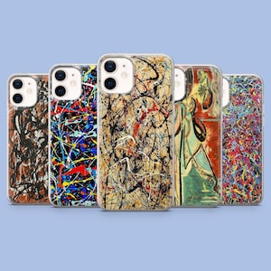 May include: A collection of five phone cases with abstract art designs. The cases feature a variety of colorful splatters, drips, and brushstrokes in shades of black, red, blue, yellow, and brown. The cases are made of clear plastic.