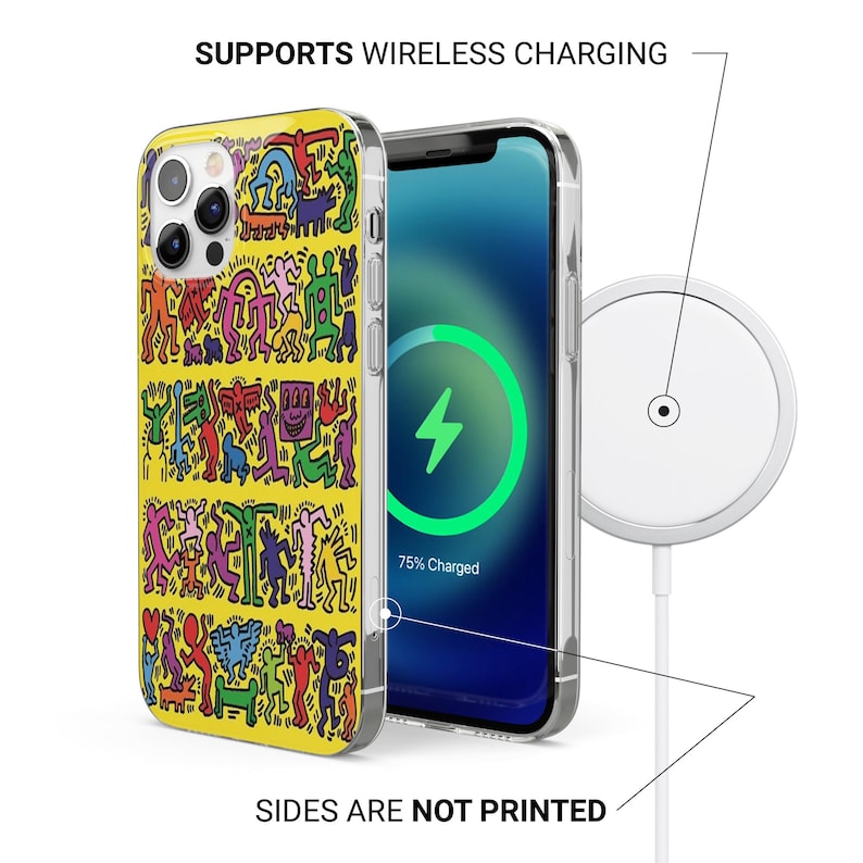 May include: A yellow phone case with a colourful, abstract design featuring human figures. The phone case is next to a phone with a charging symbol on the screen and a white wireless charger. Text reads: SUPPORTS WIRELESS CHARGING and SIDES ARE NOT PRINTED.