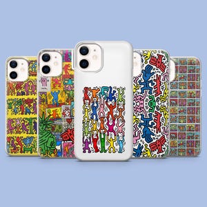 May include: Five phone cases with vibrant, abstract designs. The cases display diverse patterns, including figures, shapes, and the Statue of Liberty. The cases are arranged in a row against a light blue backdrop.