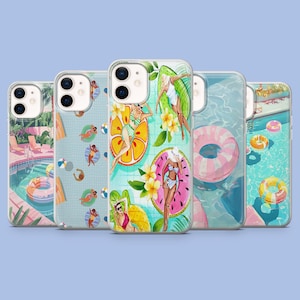 May include: Five phone cases with colorful summer-themed designs. Each case features a different illustration of people relaxing in a pool or on a float, with bright colors and tropical elements like fruit and flowers.