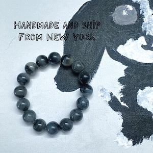 Bracciale in giada nefrite naturale da 12 mm, perline di nefrite grigia, nera e bianca